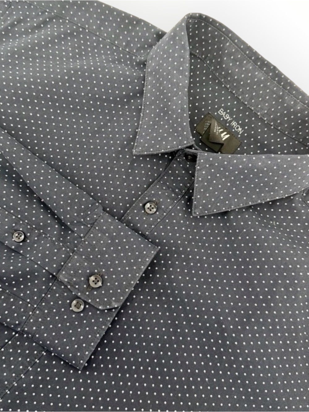 H&M Slim Fit Shirt XL Navy Blue White Micro Dot Polka Dot Long Sleeve Easy Iron